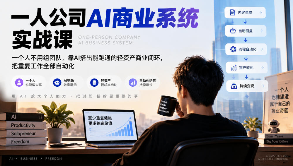 一人公司AI商业系统实战课，一个人不用组团队，靠AI搭出能跑通的轻资产商业闭环，把重复工作全部自动化-伊亚库