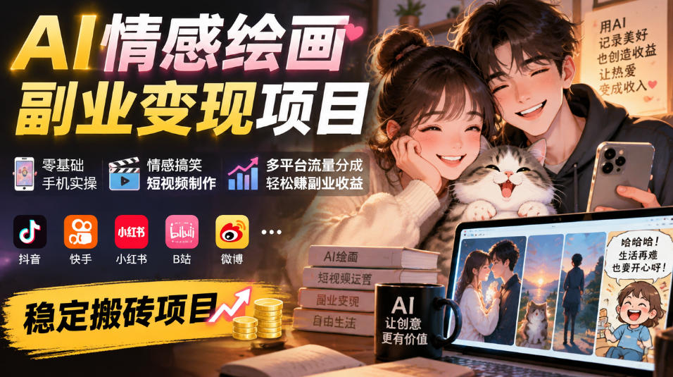 AI情感绘画副业变现项目｜零基础手机实操，情感搞笑短视频制作，多平台流量分成轻松賺副业收益-伊亚库