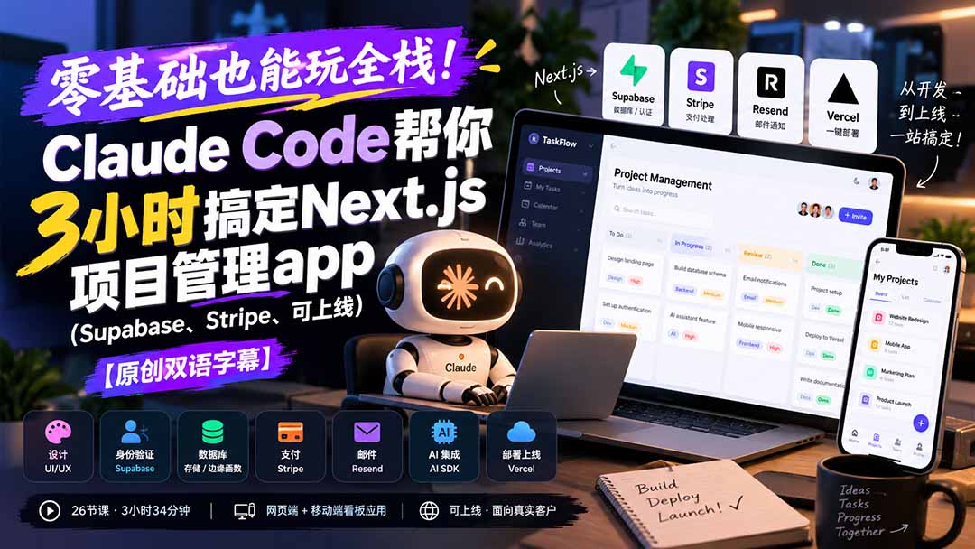 零基础也能玩全栈！Claude Code帮你3小时搞定Next.js项目管理app(Supabase、Stripe、可上线-伊亚库