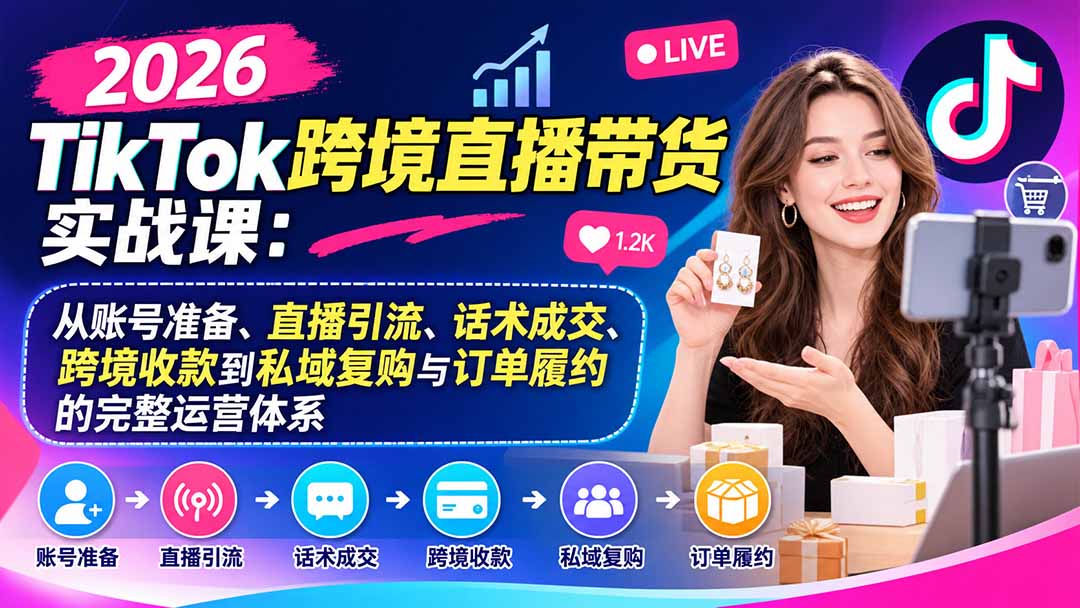 2026TikTok跨境直播带货实战课：从账号准备、直播引流、话术成交、跨境收款到私域复购与订单履约的完整运营体系-伊亚库