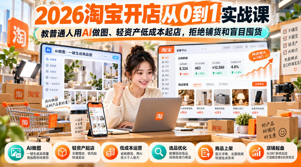 2026淘宝开店从0到1实战课，教普通人用AI做图、轻资产低成本起店，拒绝铺货和盲目囤货-伊亚库