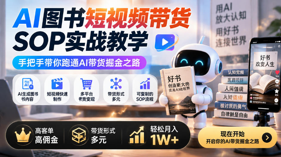 AI图书短视频带货SOP实战教学，手把手带你跑通AI带货掘金之路，高客单高佣金，带货形式多元，轻松月入1W+-伊亚库