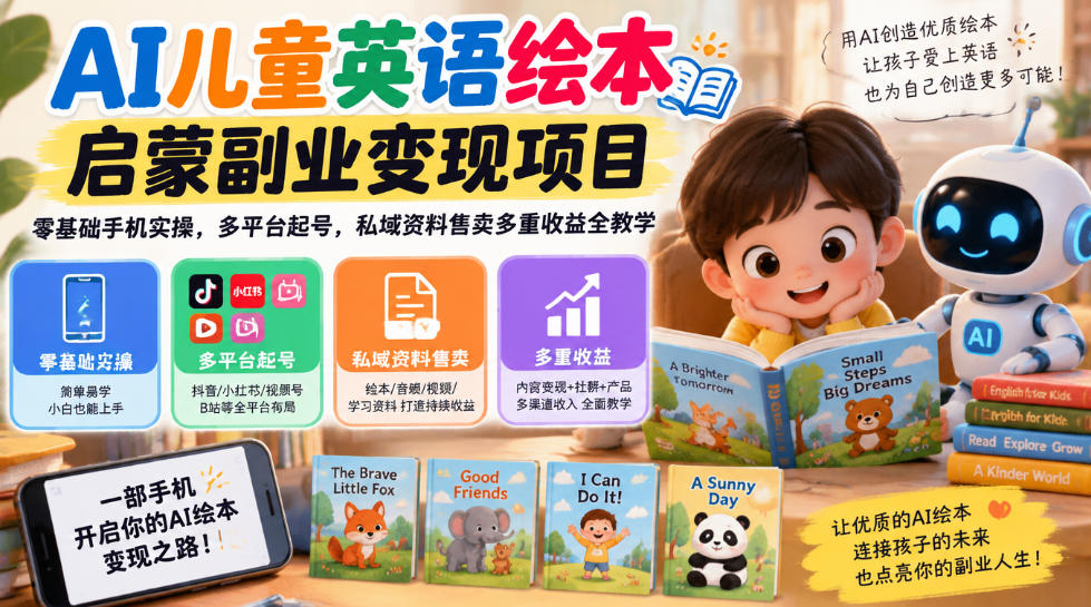 AI儿童英语绘本启蒙副业变现项目，零基础手机实操，多平台起号，私域资料售卖多重收益全教学-伊亚库