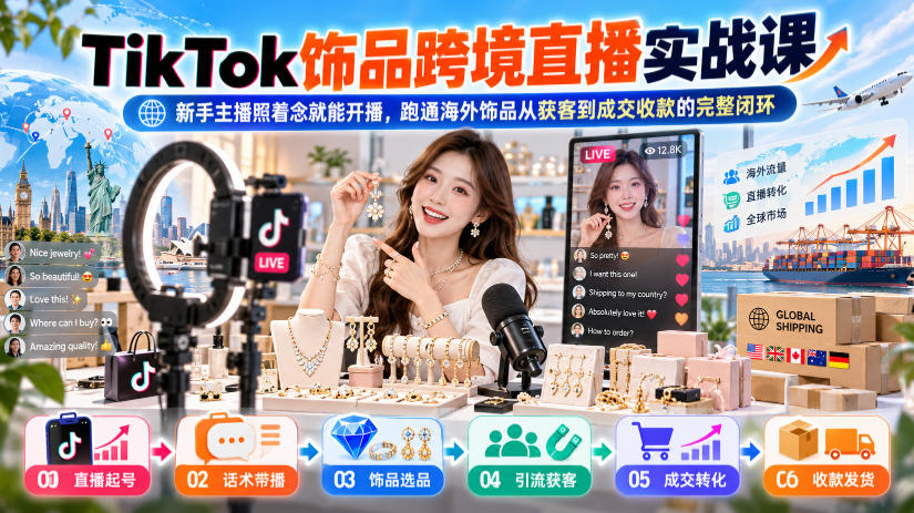 TikTok饰品跨境直播实战课，新手主播照着念就能开播，跑通海外饰品从获客到成交收款的完整闭环-伊亚库