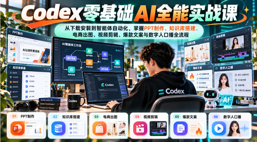 Codex零基础AI全能实战课：从下载安装到智能体自动化，掌握知识库搭建、电商出图、视频剪辑、爆款文案与数字人口播全流程-伊亚库