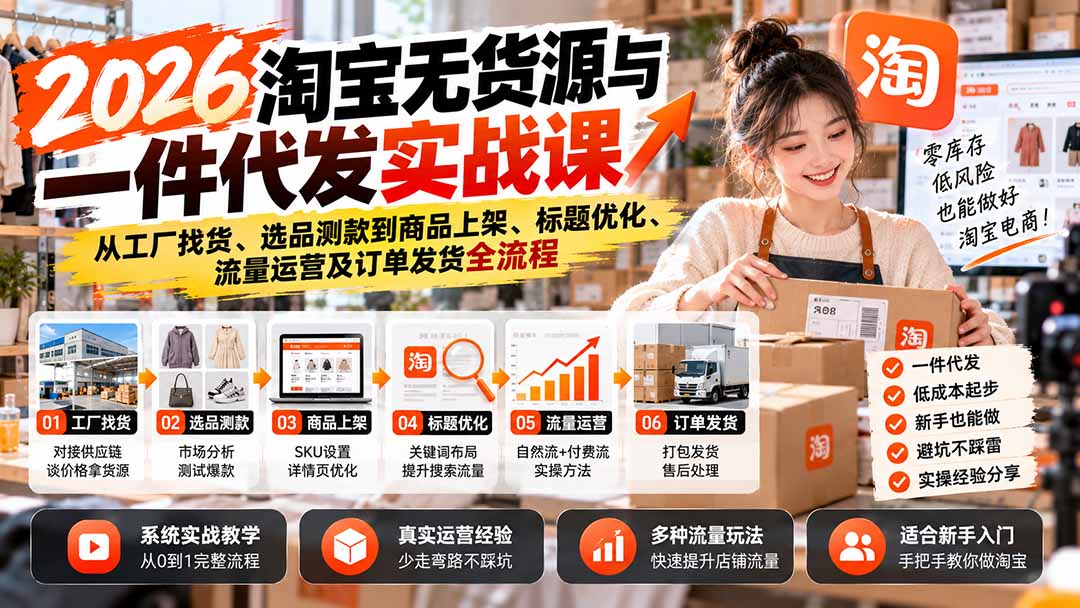 2026淘宝无货源与一件代发实战课：从工厂找货、选品测款到商品上架、标题优化、流量运营及订单发货全流程-伊亚库