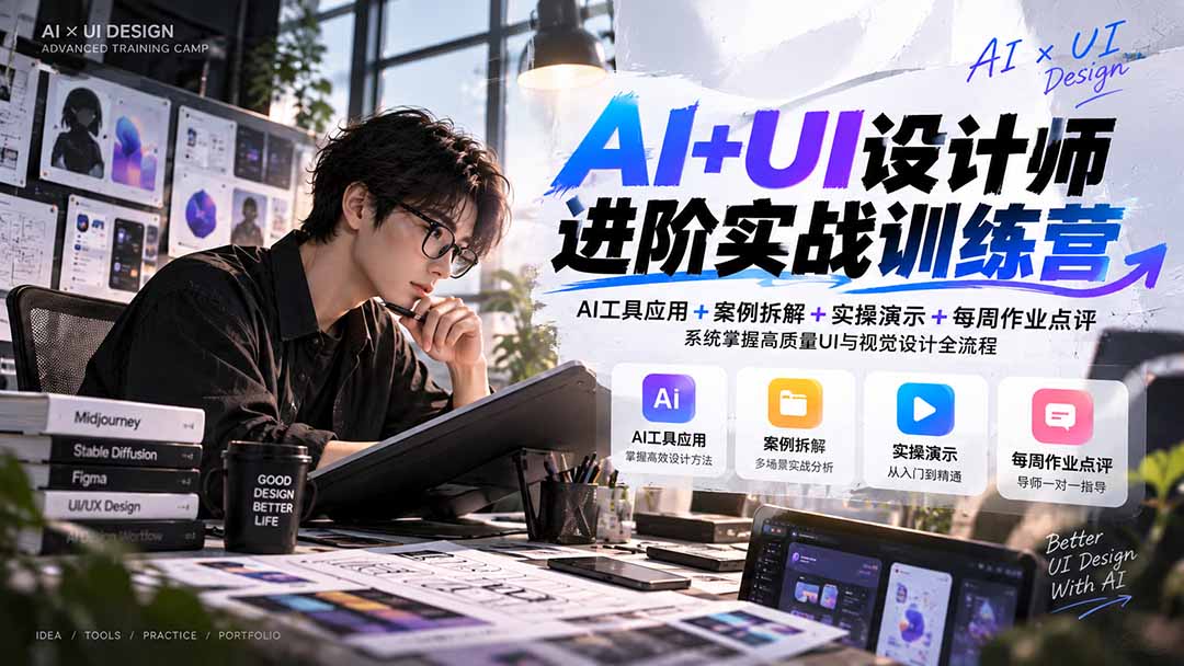 【无水印】AI+UI设计师进阶训练营-第4期：AI工具应用+案例拆解+实操演示+作业点评，掌握高质量UI与视觉设计全流程-伊亚库