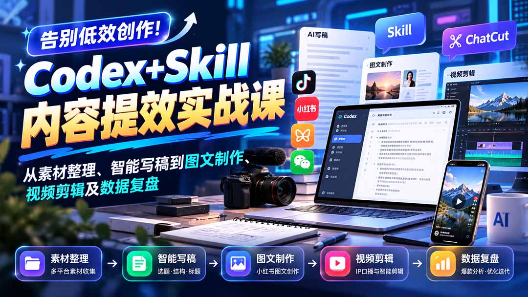 【无水印】告别低效创作！Codex+Skill内容提效实战课：从素材整理、智能写稿到图文制作、视频剪辑及数据复盘-伊亚库