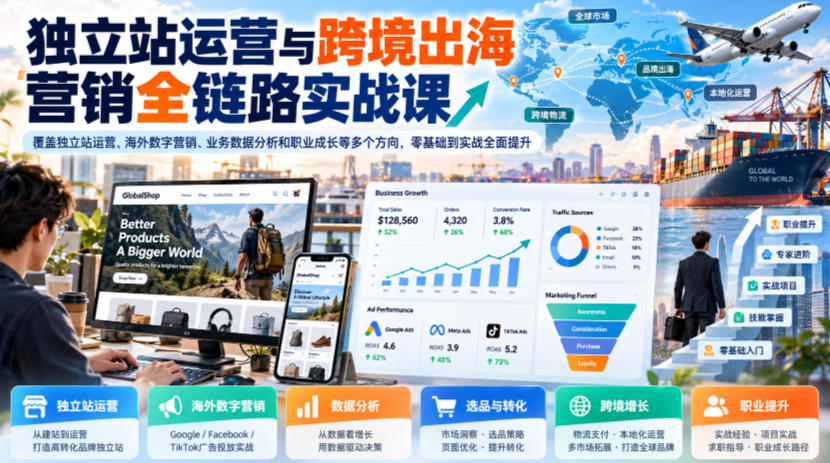 独立站运营与跨境出海营销全链路实战课，覆盖独立站运营、海外数字营销、业务数据分析和职业成长等多个方向，零基础到实战全面提升-伊亚库