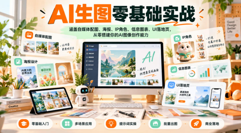 AI生图零基础实战，涵盖自媒体配图、海报、IP角色、信息图表、UI落地页，从零搭建你的AI图像创作能力-伊亚库