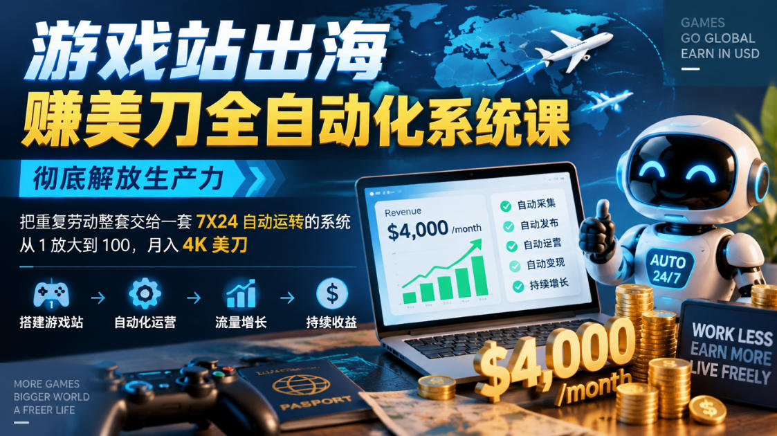 游戏站出海賺美刀全自动化系统课，彻底解放生产力--把重复劳动整套交给一套7X24自动运转的系统，从1放大到100，月入4K美刀-伊亚库