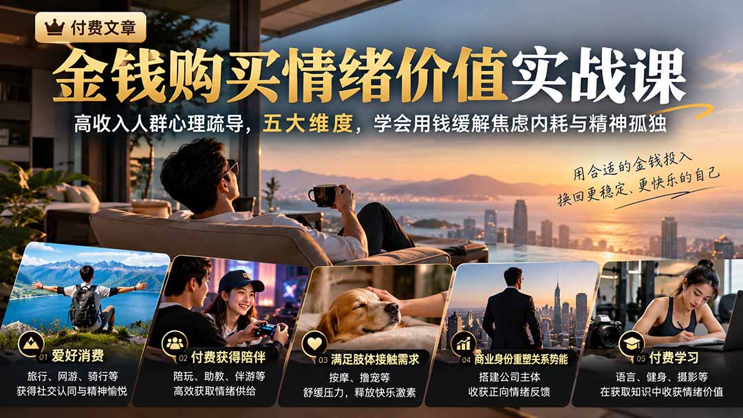 付费文章:金钱购买情绪价值实战课|高收入人群心理疏导,五大维度,学会用钱缓解焦虑内耗与精神孤独-伊亚库