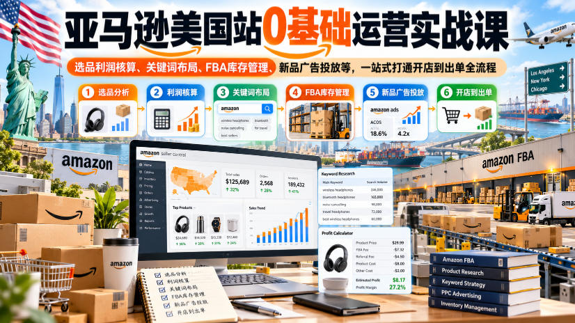 亚马逊美国站0基础运营实战课｜选品利润核算、关键词布局、FBA库存管理、新品广告投放等，一站式打通开店到出单全流程-伊亚库