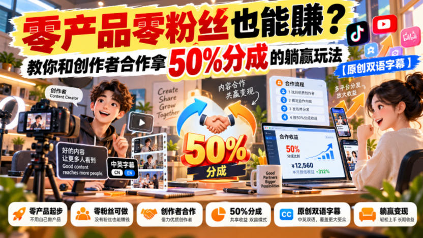 【无水印】零产品零粉丝也能賺？教你和创作者合作拿50%分成的躺赢玩法【原创双语字幕】-伊亚库