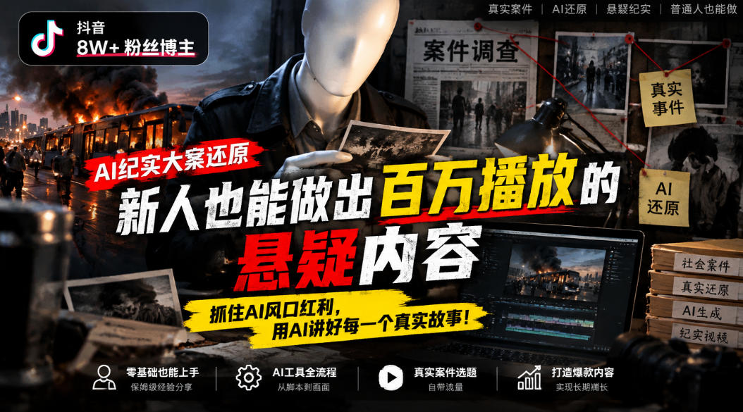 抖音8W粉丝博主的AI纪实大案还原教学，新人也能做出百W播放的悬疑内容，抓住AI风口红利，用AI讲好每一个真实故事(更新1014)-伊亚库