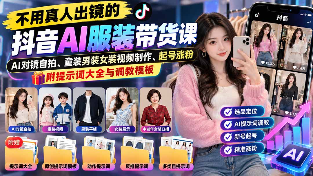 不用真人出镜的抖音AI服装带货课：AI对镜自拍、童装男装女装视频制作、起号涨粉，附提示词大全与调教模板-伊亚库