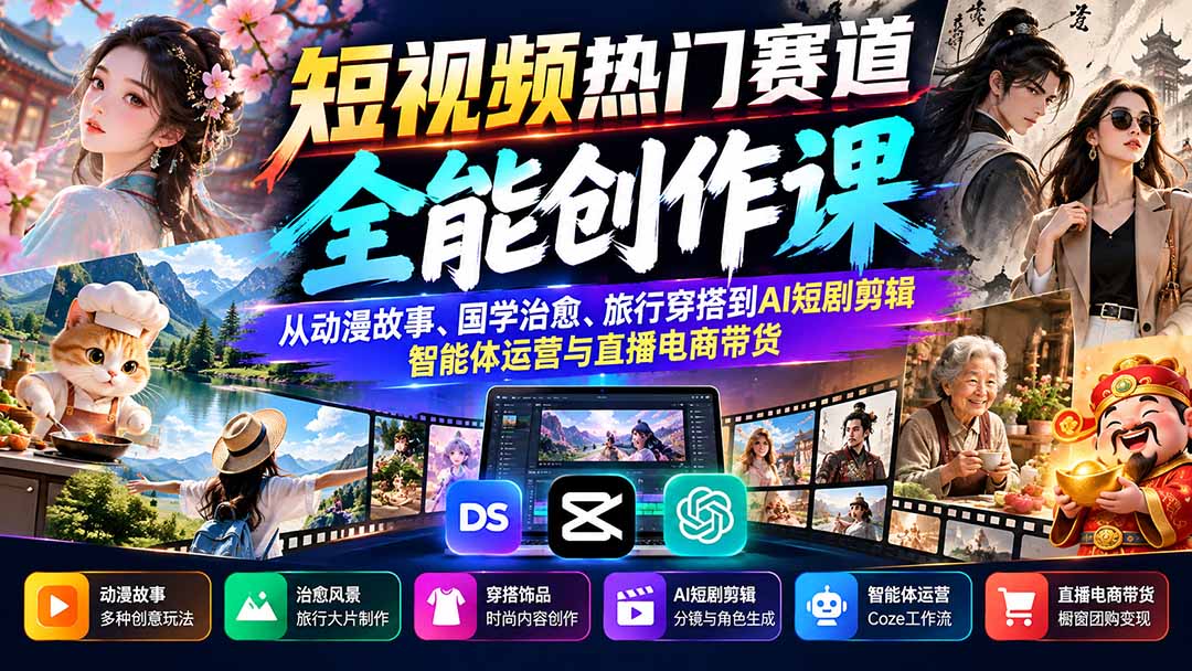短视频热门赛道全能创作课：从动漫故事、国学治愈、旅行穿搭到AI短剧剪辑、智能体运营与直播电商带货-伊亚库