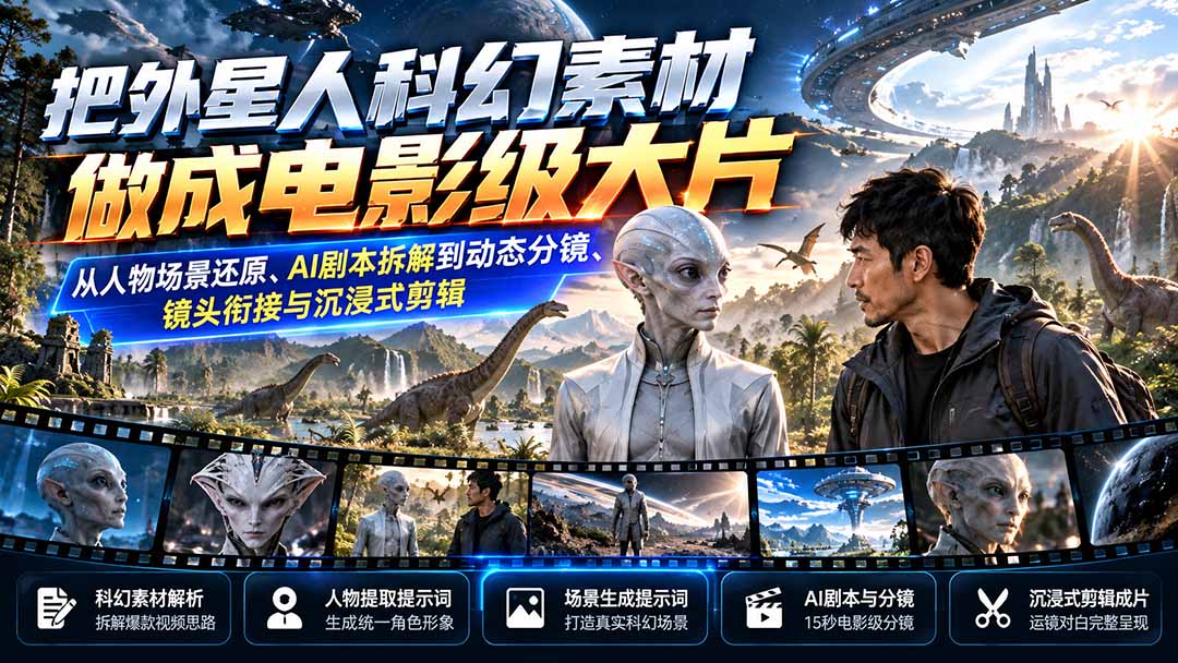 把外星人科幻素材做成电影级大片：从人物场景还原、AI剧本拆解到动态分镜、镜头衔接与沉浸式剪辑-伊亚库