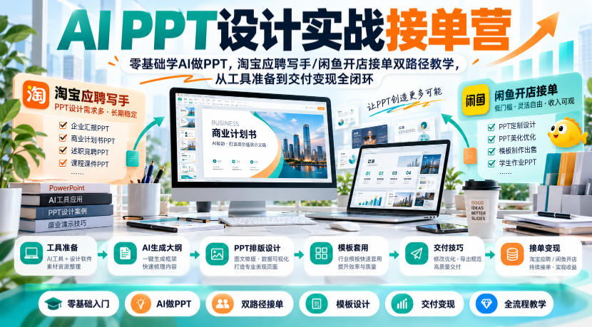 AI PPT设计实战接单营｜零基础学AI做PPT，淘宝应聘写手/闲鱼开店接单双路径教学，从工具准备到交付变现全闭环-伊亚库