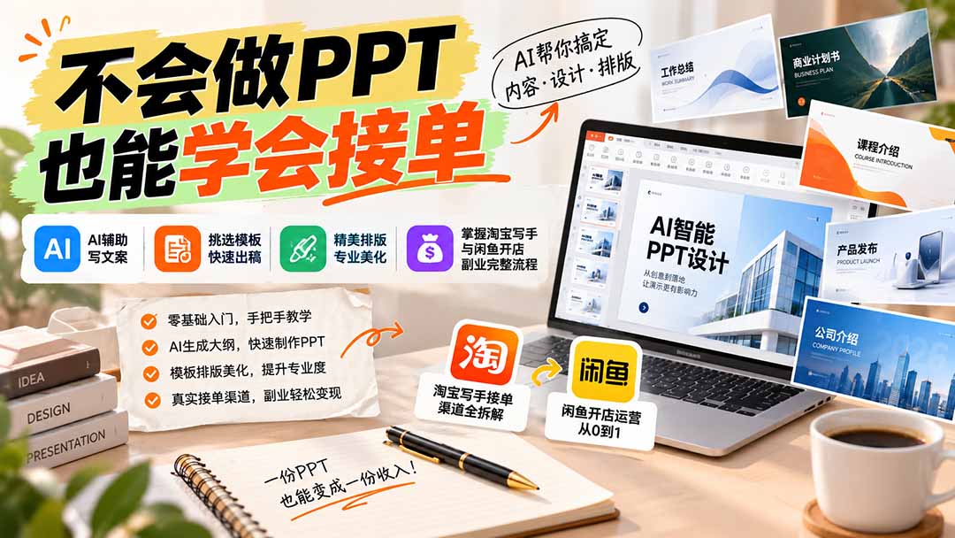 不会做PPT也能学会接单：AI辅助写文案、挑模板、做排版，掌握淘宝写手与闲鱼开店副业完整流程-伊亚库
