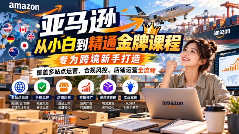 亚马逊从小白到精通金牌课程，专为跨境新手打造，覆盖多站点运营、合规风控、店铺运营全流程-伊亚库