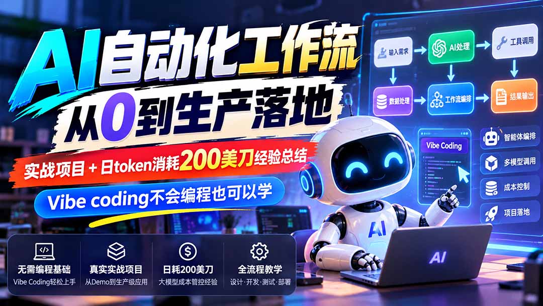 【无水印】AI自动化工作流从0到生产落地，实战项目+日token消耗200美刀经验总结，Vibe coding不会编程也可以学-伊亚库