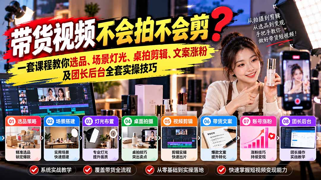带货视频不会拍不会剪？一套课程教你选品、场景灯光、桌拍剪辑、文案涨粉及团长后台全套实操技巧  复制标题-伊亚库