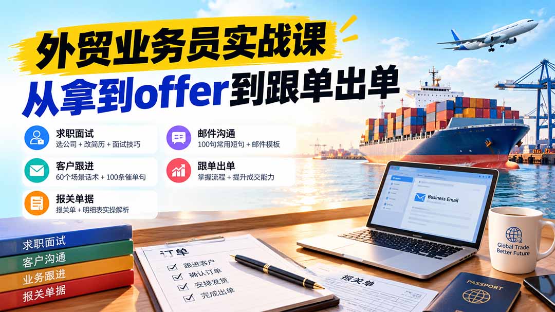 外贸业务员从求职到出单实战课：教你筛选优质公司、优化简历、应对面试、客户跟进催单及出口报关操作篇-伊亚库