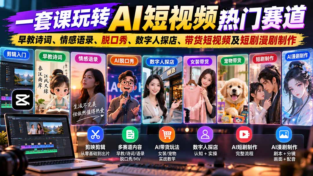一套课玩转AI短视频热门赛道：早教诗词、情感语录、脱口秀、数字人探店、带货短视频及短剧漫剧制作  复制标题-伊亚库