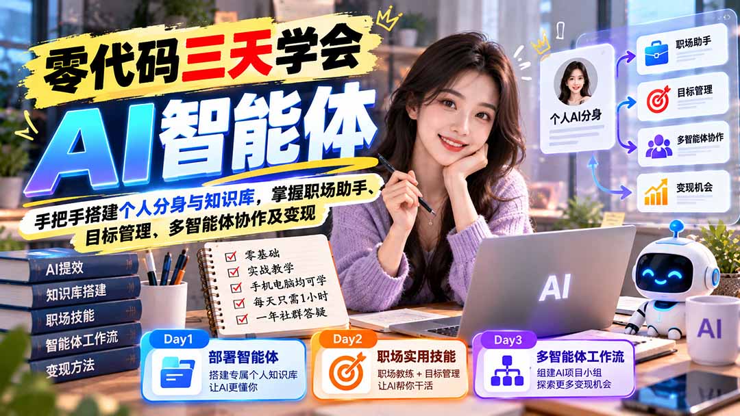 【无水印】零代码三天学会AI智能体：手把手搭建个人分身与知识库，掌握职场助手、目标管理、多智能体协作及变现-伊亚库
