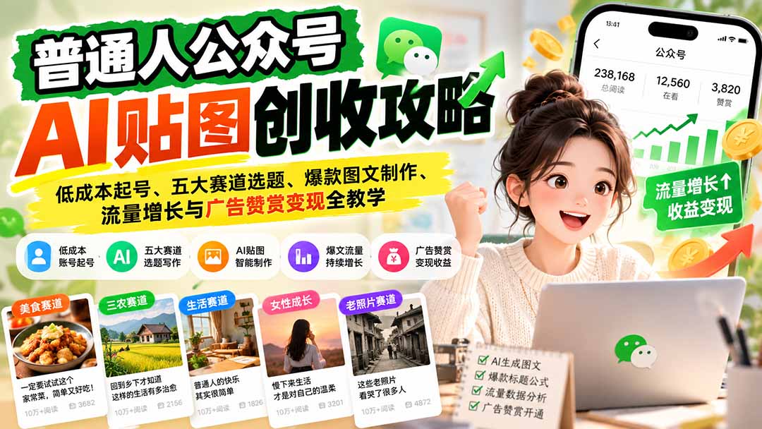 普通人公众号AI贴图创收攻略：低成本起号、五大赛道选题、爆款图文制作、流量增长与广告赞赏变现全教学-伊亚库