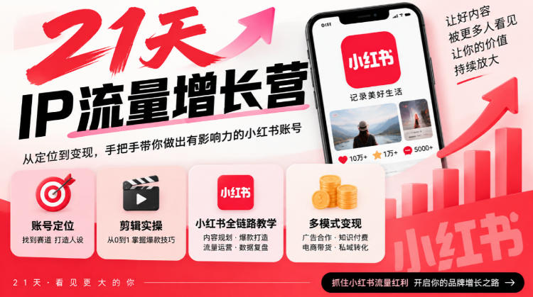 21天IP流量增长营，小红书全链路教学，账号定位剪辑实操，多模式变现系统课-伊亚库