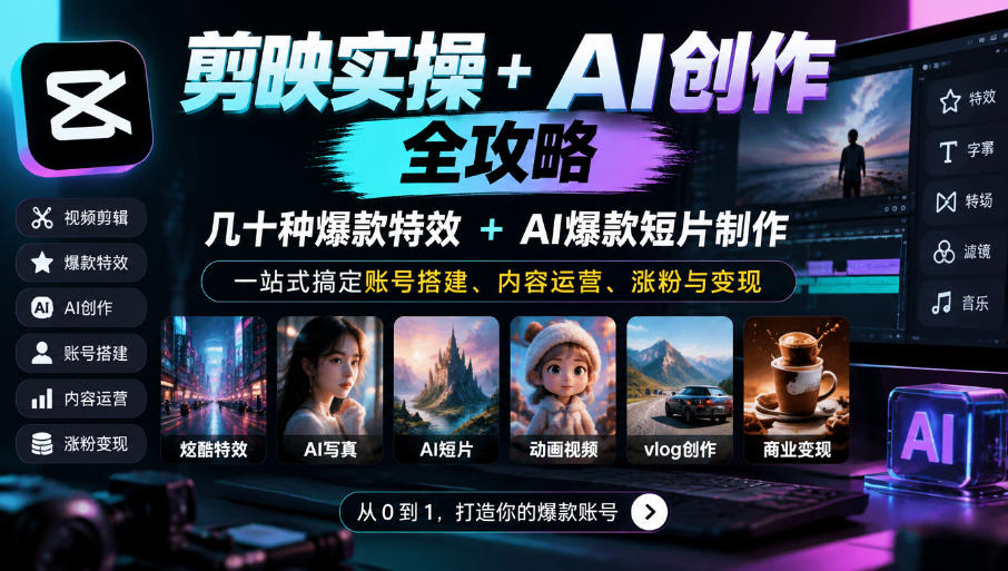 剪映实操+AI创作全攻略｜几十种爆款特效+AI爆款短片制作，一站式搞定账号搭建、内容运营、涨粉与变现-伊亚库