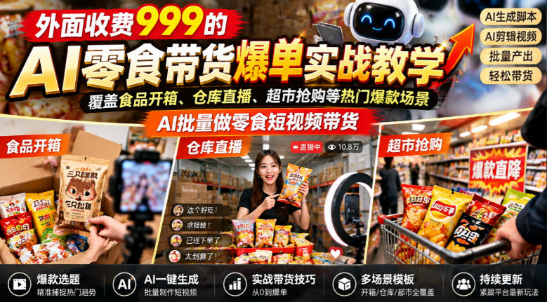 外面收费999的AI零食带货爆单实战教学，覆盖食品开箱、仓库直播、超市抢购等热门爆款场景，AI批量做零食短视频带货-伊亚库