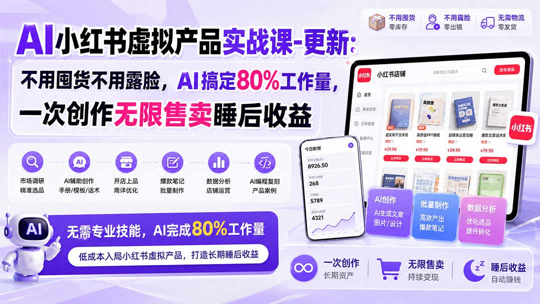 AI小红书虚拟产品实战课-更新1017：不用囤货不用露脸，AI搞定80%工作量，一次创作无限售卖睡后收益-伊亚库
