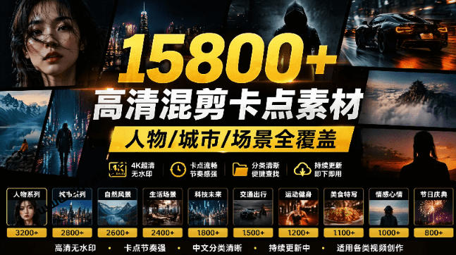 【影视剪辑素材合集】15800+高清混剪卡点｜热门影视精彩片段｜人物/城市/场景全覆盖，中文分类清晰-伊亚库