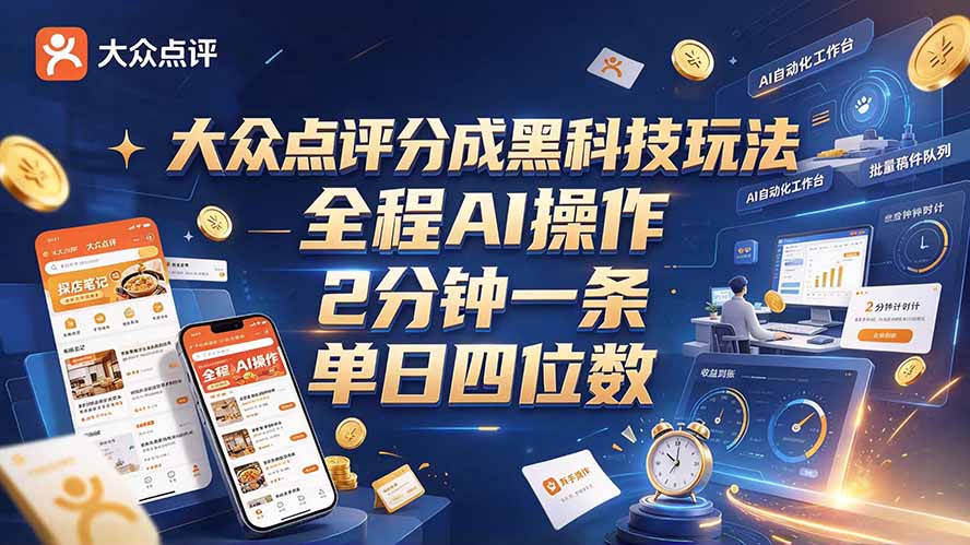 大众点评分成全网独家玩法，AI 全自动出内容，2 分钟一条，小白可冲单日四位数-伊亚库