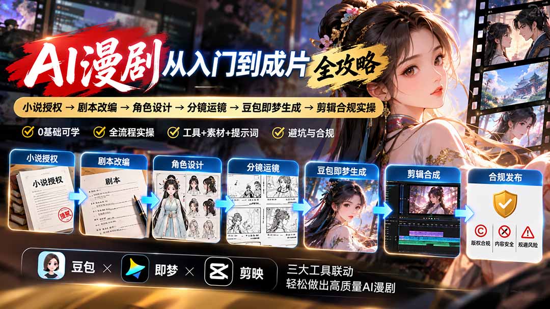 AI漫剧从入门到成片全攻略-更新1017：小说授权→剧本改编→角色设计→分镜运镜→豆包即梦生成→剪辑合规实操-伊亚库