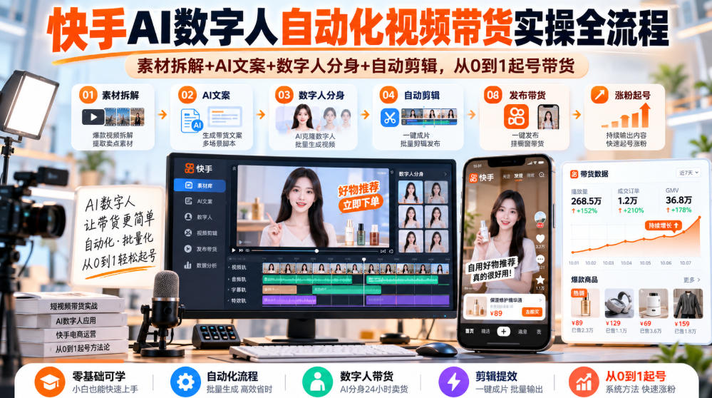 快手AI数字人自动化视频带货实操全流程｜素材拆解+AI文案+数字人分身+自动剪辑，从0到1起号带货(更新26年)-伊亚库