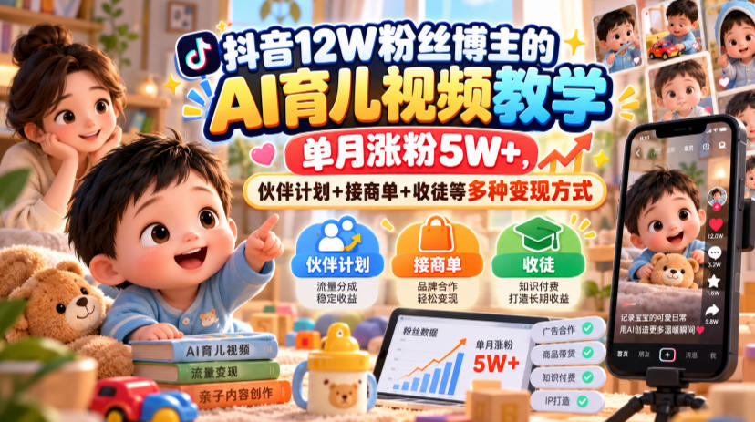抖音12W粉丝博主的AI育儿视频教学，单月涨粉5W+，伙伴计划+接商单+收徒等多种变现方式-伊亚库