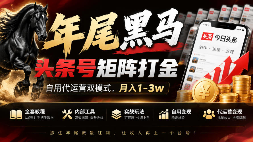 【年尾黑马】头条号矩阵打金，自用代运营双模式，月入1-3w，附全套教程及内部工具【揭秘】-伊亚库