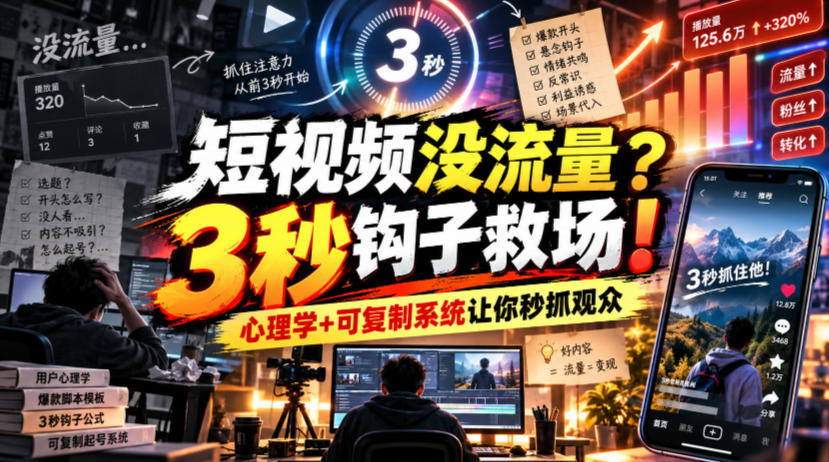 【无水印】短视频没流量？3秒钩子救场！心理学+可复制系统让你秒抓观众【原创双语字幕】-伊亚库