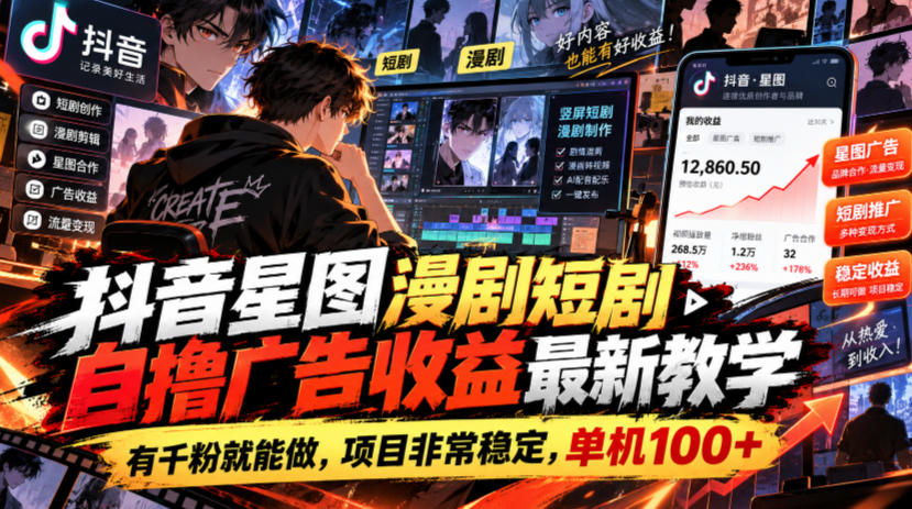 抖音星图漫剧短剧自撸广告收益最新教学，有千粉就能做，项目非常稳定，单机100+-伊亚库