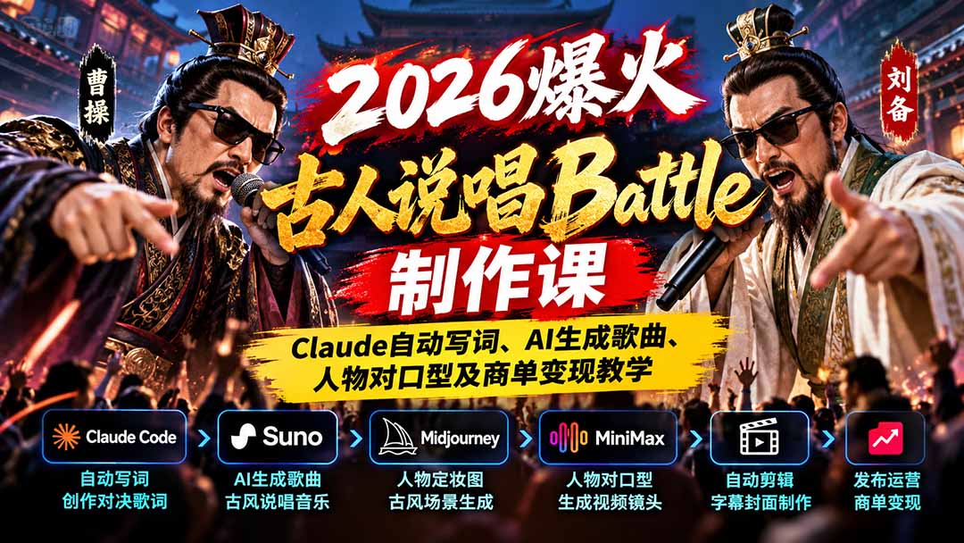 2026爆火古人说唱Battle制作课：Claude自动写词、AI生成歌曲、人物对口型及商单变现教学-伊亚库