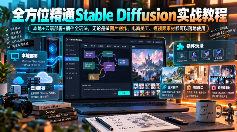 全方位精通Stable Diffusion实战教程｜本地+云端部署+插件全玩法，无论是做图片创作、电商美工、短视频素材都可以落地使用-伊亚库