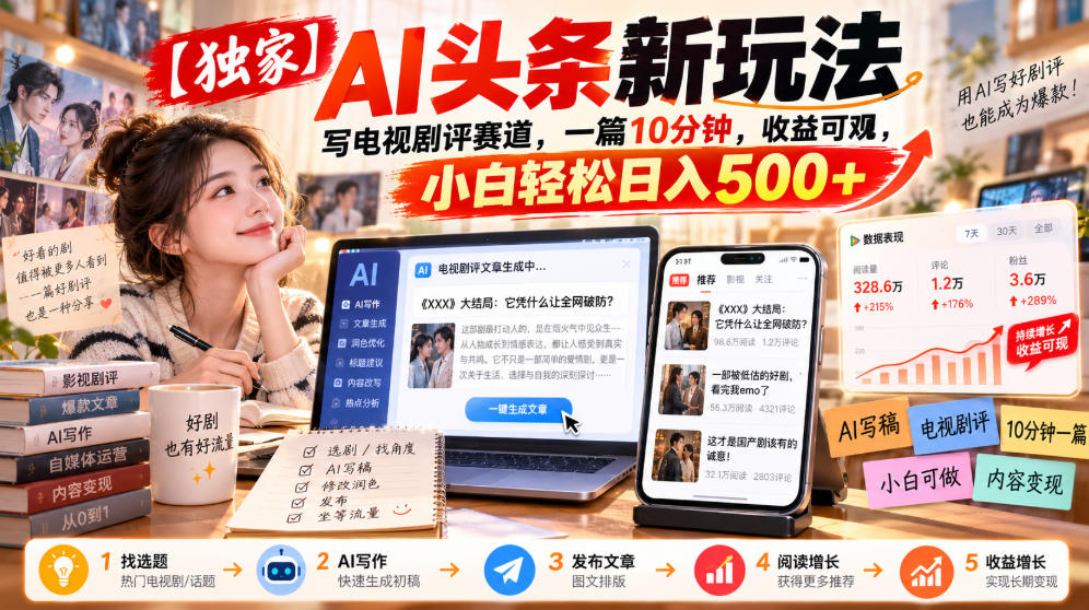 【独家】AI头条新玩法，写电视剧评赛道，一篇10分钟，收益可观，小白轻松日入500+-伊亚库