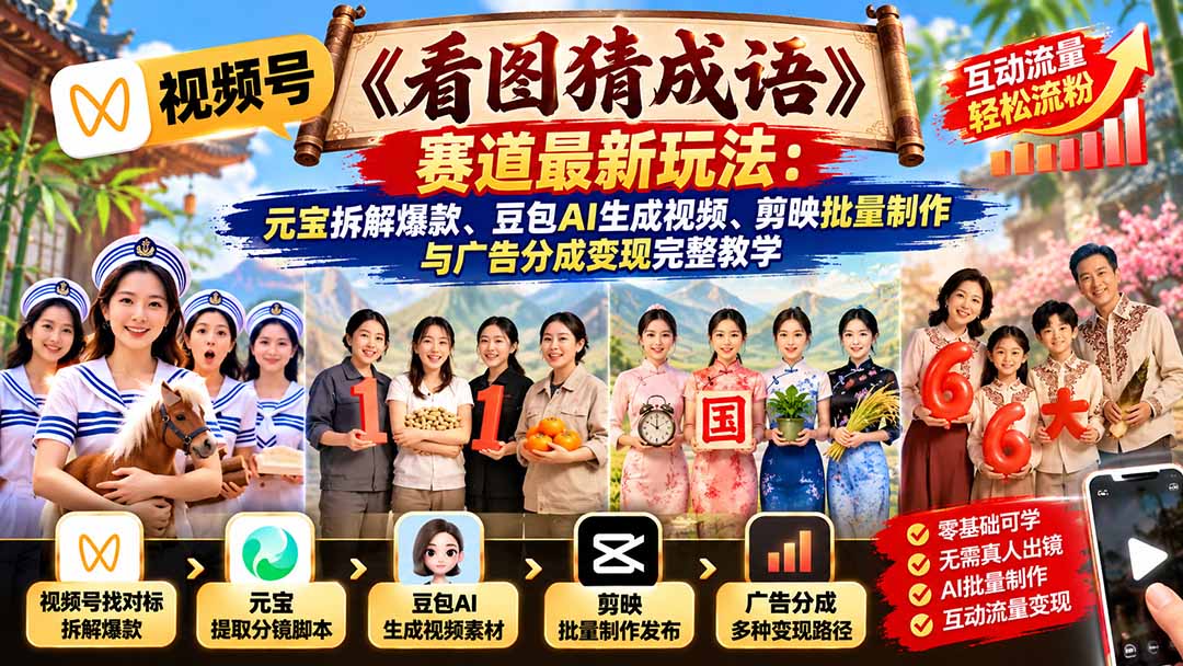视频号《看图猜成语》赛道最新玩法：元宝拆解爆款、豆包AI生成视频、剪映批量制作与广告分成变现完整教学-伊亚库