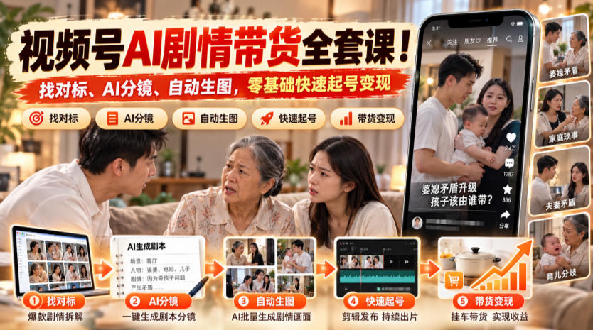 视频号AI剧情带货全套课！找对标、AI分镜、自动生图，零基础快速起号变现-伊亚库