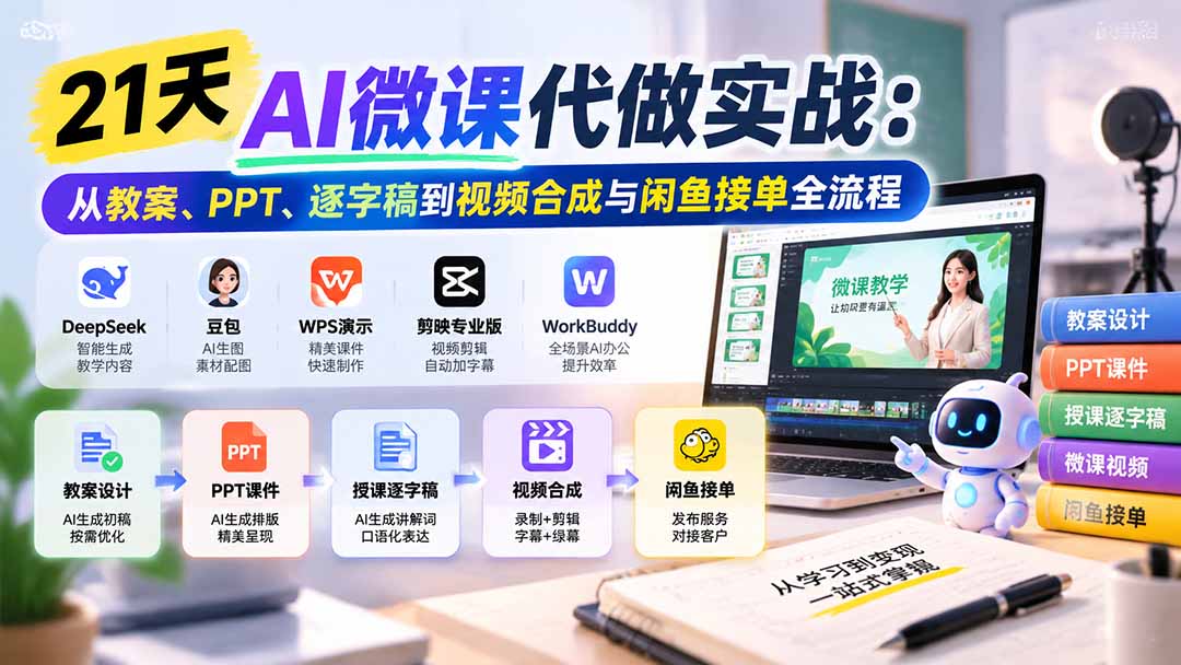 21天AI微课代做实战：从教案、PPT、逐字稿到视频合成与闲鱼接单全流程-伊亚库