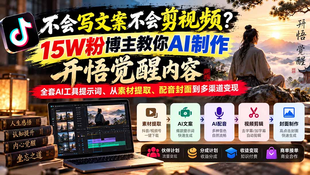不会写文案不会剪视频？15W粉博主教你AI制作开悟觉醒内容，全套AI工具提示词、从素材提取、配音封面到多渠道变现-伊亚库